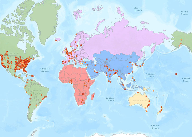 Screenshot of map of world with red dots indicating location of SSEER Researchers